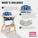 Abiie Beyond Junior Wooden High Chair with Tray - Adjustable and Convertible High Chair for Babies and Toddlers - 6 Months to 250 Lb - Water Resistant - Natural Wood/Blueberry Cushion by TinyTreasures Baby Boutique
