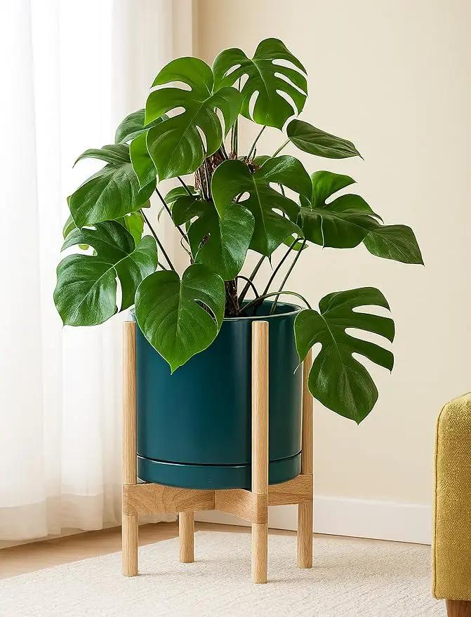 D'vine Dev Ceramic Planter with Natural Stand - 12 Inch Modern Round Flower Pot with Wood Planter Holder, Teal, 55-B-J-4, photo 6 of 7