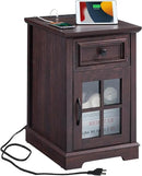 Farmhouse XXL End Table with Charging Station, Side Table with USB Ports and Outlets, Nightstand with Drawer and Glass Door Storage, Cherry Bedside Tables for Living Room, Bedroom, Office by CozyNest Decor