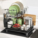 2 Tier Black Large Stainless Steel Dish Drainers Drying Rack for Kitchen Counter with Drainboard, Rust Proof Metal, Space Saving, Modern Aesthetic, Compact Plates Strainers with Extra Mat by CozyNest Decor