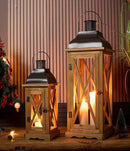 Farmhouse Wooden Metal Candle Lantern Set of 2, Rustic Large Decorative Floor Lanterns, Indoor/Outdoor Hurricane Lantern for Home Decor (No Glass) by CozyNest Decor