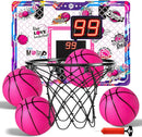 LovesTown Mini Indoor Basketball Hoop for Kids, Pink Basketball Hoops Over The Door with LED Lighting - 4 Balls - DIY Stickers, Great for Home, Dorms, Offices, and Gifts for Girls by TinyTreasures Baby Boutique