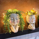Solar-Face Flower Pot Head Planter Pots - LED String Lights Warterproof Resin Succulent Cactus Planters Pots with Drainage Hole Cute Lady Closed Eyes Indoor Outdoor Garden Decor (Large) by GreenHaven Gardens