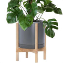 D'vine Dev Ceramic Planter with Natural Stand - 12 Inch Modern Round Flower Pot with Wood Planter Holder, Grey, 55-B-J-3 by GreenHaven Gardens