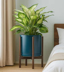 D'vine Dev Ceramic Planter with Walnut Color Stand - 12 Inch Modern Round Flower Pot with Wood Planter Holder, Teal, 55-B-W-4 by CozyNest Decor