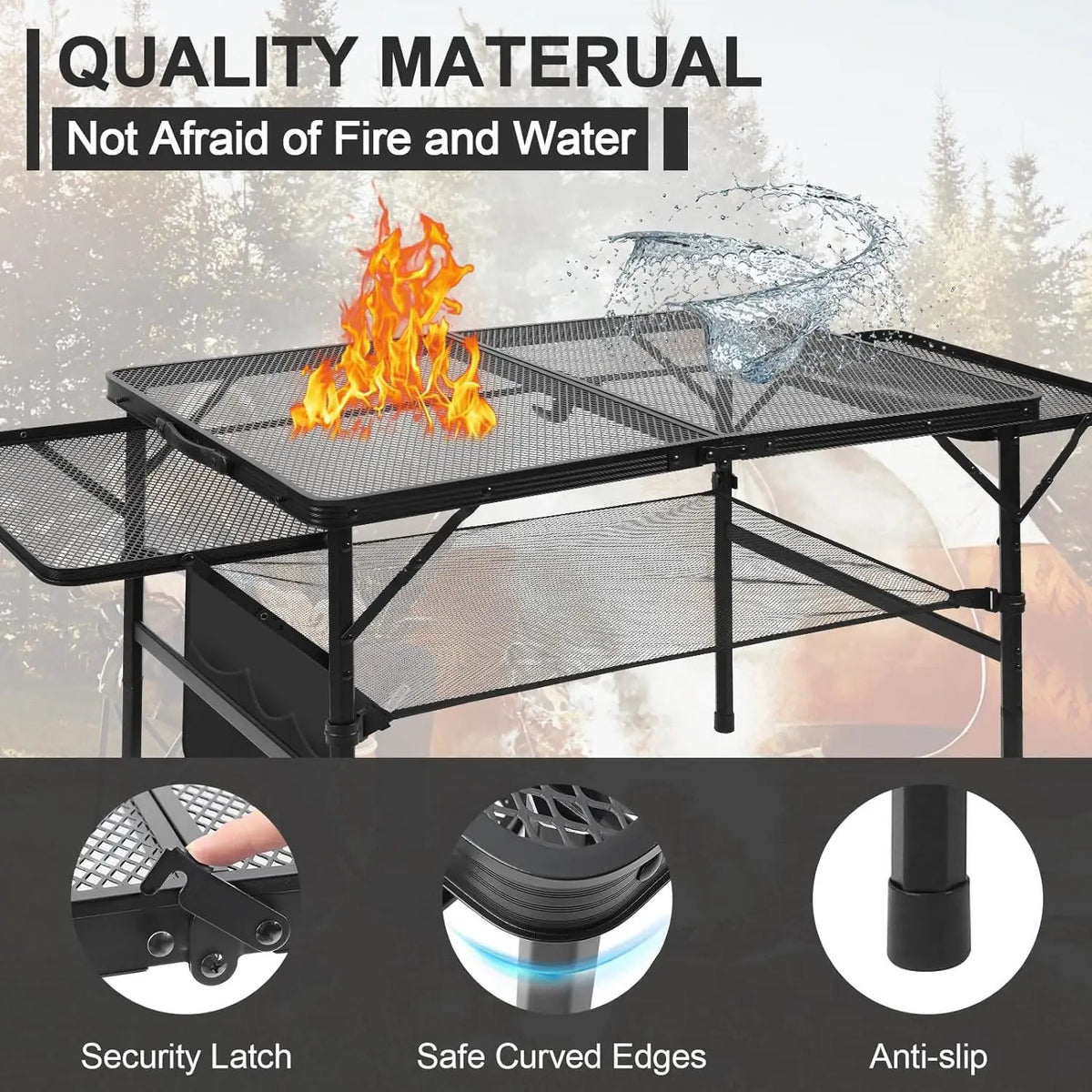 Folding Grill 4.4 FT Portable Camping Table with 2 Wing Panels, Height Adjustable Metal Outdoor Table with Mesh Desktop and Mesh Bag, Picnic, Beach and BBQ, Party, Black, photo 5 of 6