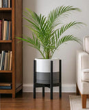 D'vine Dev Ceramic Planter with Ebony Stand - 10 Inch Modern Round Flower Pot with Wood Planter Holder, White/Grey, 55-B-L-6 by GreenHaven Gardens