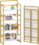4NM No Assembly Foldable Bookshelf, 4-Shelf Collapsible Bookcase Storage for Small Spaces, 54" H, White and Golden by CozyNest Decor