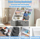 Wood Kids Bookshelf, Toy Organizer with Bookshelf, Montessori Toy Shelf W/Sling Rack & Fabric Toy Bins, Toy Storage Organizer for Toddler Children, Wooden Book Shelf for Kids Room Playroom by CozyNest Decor