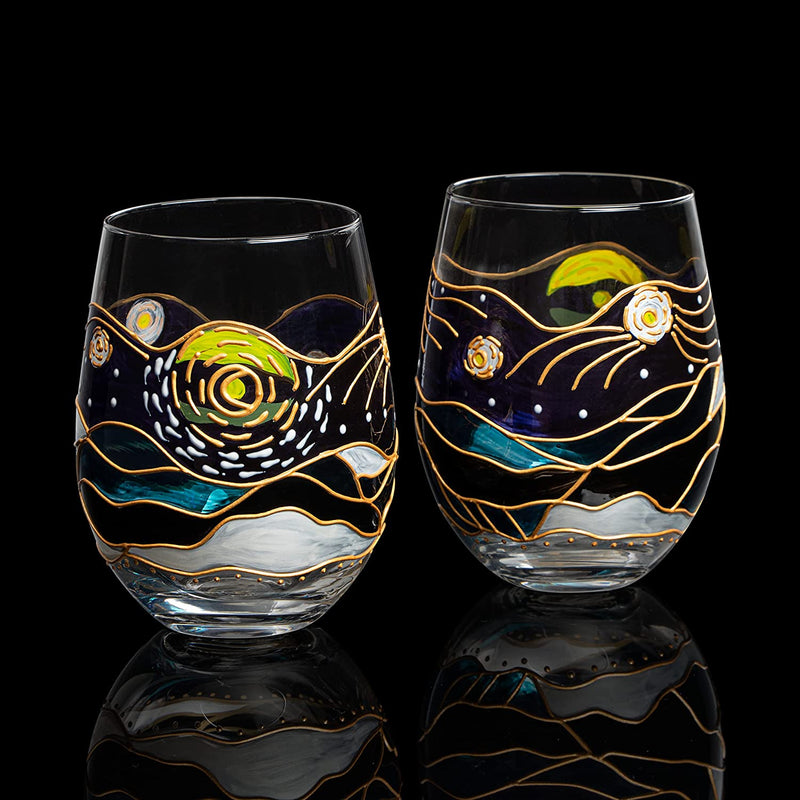 Vincent Van Gogh Wine Glasses Artisanal Hand Painted Stemless Set of 2 - The Wine Savant - 2 Set of Tumblers - Artistic Gift Idea for Her, Him, Birthday, Housewarming - Extra Large Goblets (18.5 OZ)