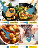 Pack of 4 Silicone Cooking Utensils Set, Non Stick Solid Spatulas and Heat Resistant Slotted Spoons with Wooden Handle, Ideal Wood Kitchen Utensils Set for Frying,Serving,Turning,Stirring (BLUE) by CozyNest Decor