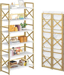 4NM 6 Tiers No Assembly Book Shelves, 61.8" H Folding Bookshelf Bookcase Open Industrial Foldable Shelves for Bedroom, Living Room, Home Office - White Gold by CozyNest Decor