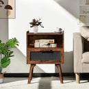 Lerliuo Rattan Nightstand, Boho Side Table with Drawer Open Shelf, Cane Accent Bedside End Table with Solid Wood Legs for Bedroom, Dorm and Small Spaces (Brown) by CozyNest Decor