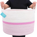 OrganiHaus Boho Woven Basket for Blankets and Laundry, Decorative Large Storage Bin for Living Room, Nursery Basket for Toys & Clothes, Soft Cotton Rope with Handles 20x13 inches - Striped Pink by CozyNest Decor