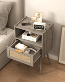 Rattan Nightstand,Modern Bedside Table with Storage Drawer and Open Wood Shelf, for Living Room, Bedroom and Small Spaces, Accent Night Stand with Solid Wood Legs, Easy Assembly(Grey Oak) by CozyNest Decor