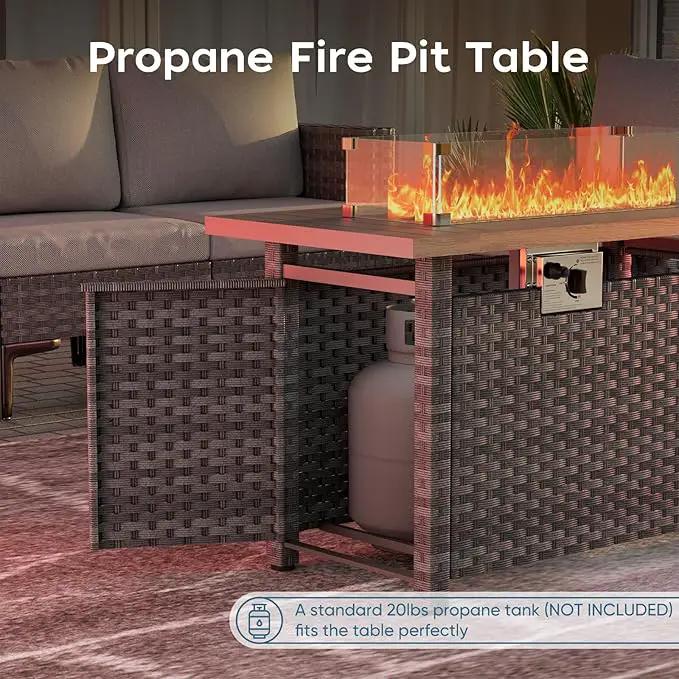 Propane Fire Pit Table Outdoor, 44" 60000BTU Auto-Ignition Fire Pits Table with Wind Guard Square Large Wicker Propane Firepits for Porch Garden(Grey,CSA Certified), photo 6 of 8