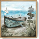 Framed Wall Art Beach Décor Ocean Canvas Picture Coastal Artwork Sea Bird Boat Blue Tan Small Rustic Beachy Canvas Print for Bathroom Bedroom Living Room by CozyNest Decor