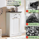 Tilt Out Laundry Hamper Cabinet, 10 Gallon Farmhouse Trash Can Cabinet with Drawer, Hidden Wood Garbage Can Bin Cabinet with Laundry Storage Basket for Bathroom, Kitchen, Antique White by CozyNest Decor