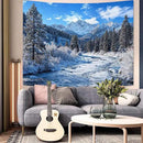 AMM Winter Forest Snow Mountain Tapestry Snowy Pine Tree Woodland Tapestry for Bedroom Aesthetic White Clouds Flowing River Landscape Tapestries Wall Hanging for Living Room Dorm Office 60 x 44 Inch by CozyNest Decor