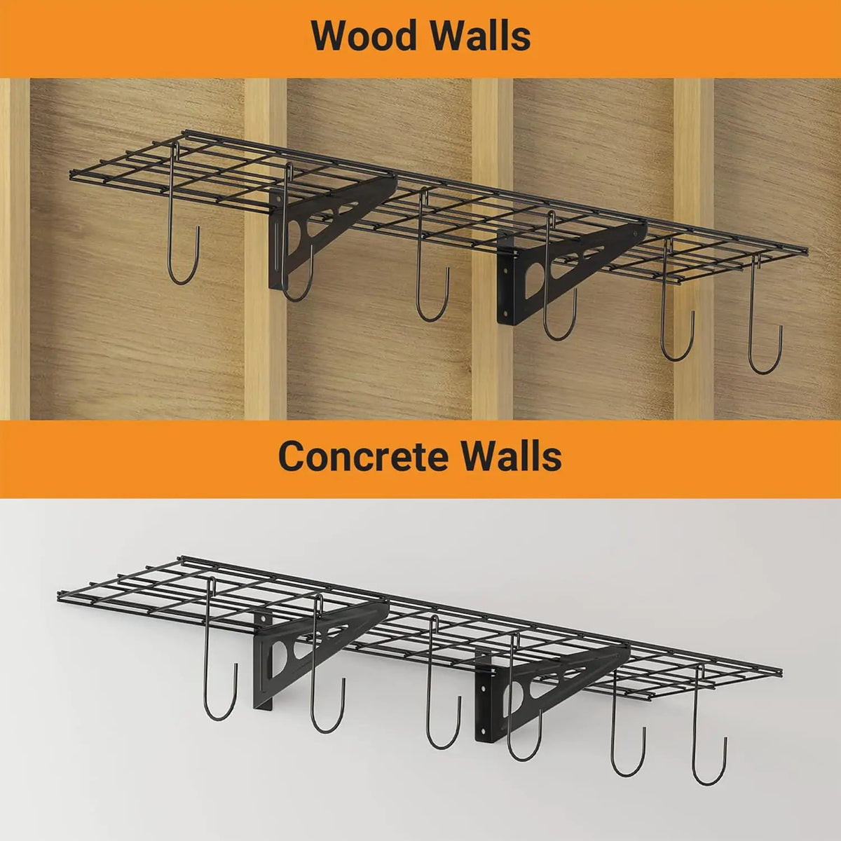1x4 ft Garage Shelving with 6 Bike Hooks, 1-Pack Wall-Mounted Shelve for Garage, Kitchen, Pantry Storage, 150 lbs Total Load Capacity Wall Shelving, Black, photo 4 of 6