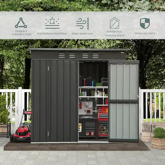 Domi Outdoor Storage Shed 6' x 4.5’, Metal Garden Shed with Galvanized Steel Frame for Bike, Tools, Lawn Mowers, Pool Toys, Outdoor Storage Cabinet with Lockable Door for Garden Lawn Patio (Dark Grey), photo 7 of 9