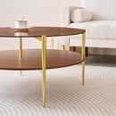 Extra Large Round Coffee Table, Mid-Century Modern Design, D34 x H17 in, for Living Room, 2-Tier Structure, Amber Glass Top and Walnut MDF Shelf, Sleek Conical Metal Legs with Gold Finish by CozyNest Decor