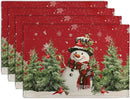 Snowman Christmas Red Placemats Set of 4 Xmas Tree Cardinal Snowflakes Linen Table Mats Seasonal Winter Holiday Place Mats Washable Placemat for Party Kitchen Dining Outdoor Indoor Decor by CozyNest Decor