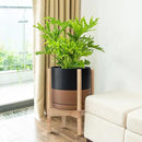 D'vine Dev Ceramic Planter with Natural Stand - 10 Inch Modern Round Flower Pot with Wood Planter Holder, Black/Speckled Tan, 55-B-K-7 by CozyNest Decor