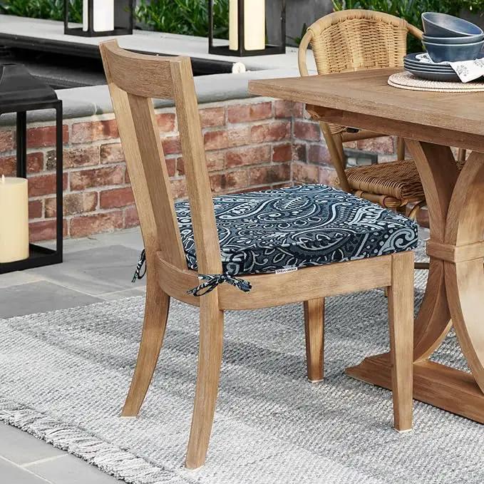 Round Corner Seat Cushions, 17" x 16" x 2", Set of 4, Indoor Outdoor Water Repellent Universal Chair Pads with Ties for Patio Furniture, Garden Deck Dining Chairs, Damask Blue Flower, photo 2 of 6
