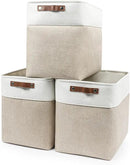 Large Fabric Storage Baskets | 50L Storage Bins, Decorative Linen Closet Baskets with Handles for Organizing, Shelf, Toys, Clothes, Home, Office, Nursery, 17x12x15Inches (Beige&White) by CozyNest Decor