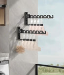 Wall Mount Coat Hanger Holder Black Clothes Drying Organizer Rack Garment Hooks Aluminium Retractable Folding Indoor Wall Mounted Hanger Space Saver for Laundry Room Bedroom Black 2 Pack with 8 Hooks by CozyNest Decor