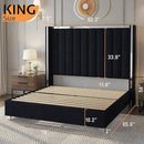 Jocisland King Size Bed Frame with 58" Tall Headboard, Velvet Upholstered Platform Bed with Channel Tufted Wingback Headboard and Plating Trim, No Box Spring Needed, Black by CozyNest Decor