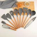 Silicone Cooking Utensils Set, Premium Beech Wood Handle Kitchen Gadgets Utensil Set, Non-Stick Kitchen Utensils Spatula, Tongs, Turner, Whisk, Brush, Spoon, BPA FREE, 446°F Resistant (Dark Gray) by CozyNest Decor