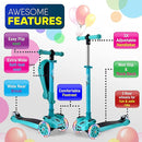 Hurtle 3-Wheeled Scooter for Kids - Wheel LED Lights, Adjustable Lean-to-Steer Handlebar, and Foldable Seat - Sit or Stand Ride with Brake for Boys and Girls Ages 1-14 Years Old by TinyTreasures Baby Boutique