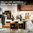 Olive Oil Dispenser Bottle - Includes 55 Kitchen Essential Labels - Cooking Oil Bottles for Kitchen, Coffee Syrup Dispenser - Pourer Spout with 11.8 fl oz Glass Container Cruet - 4pcs, Black by CozyNest Decor