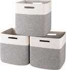 OIAHOMY 13 Kallax Inch Cube Storage Bins, 3-Pack Cotton Rope Woven Baskets for Organizing, Kallax Insert Storage Baskets for Shelves, Baby Nursery, Closet Organizer, 13*13*12.6IN, Grey & White by TinyTreasures Baby Boutique