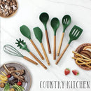 Country Kitchen Non Stick Silicone Utensil Set with Rounded Wood Handles for Cooking and Baking, 8 Piece Set, Green by CozyNest Decor