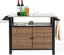 Grill Cart Outdoor with Wheels, Outdoor Prep Table with Wicker Storage and Rolling Wheels, Kitchen Island Serving Cart with Stainless Steel Table Top for BBQ, Porch, Patio, Brown by CozyNest Decor