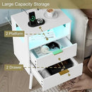 White Nightstand with Charging Station and LED Lights,Modern Bedside Table with 2 Storage Drawer and Open Wood Shelf, for Bedroom and Small Spaces,Night Stand with Solid Wood Legs,White by CozyNest Decor