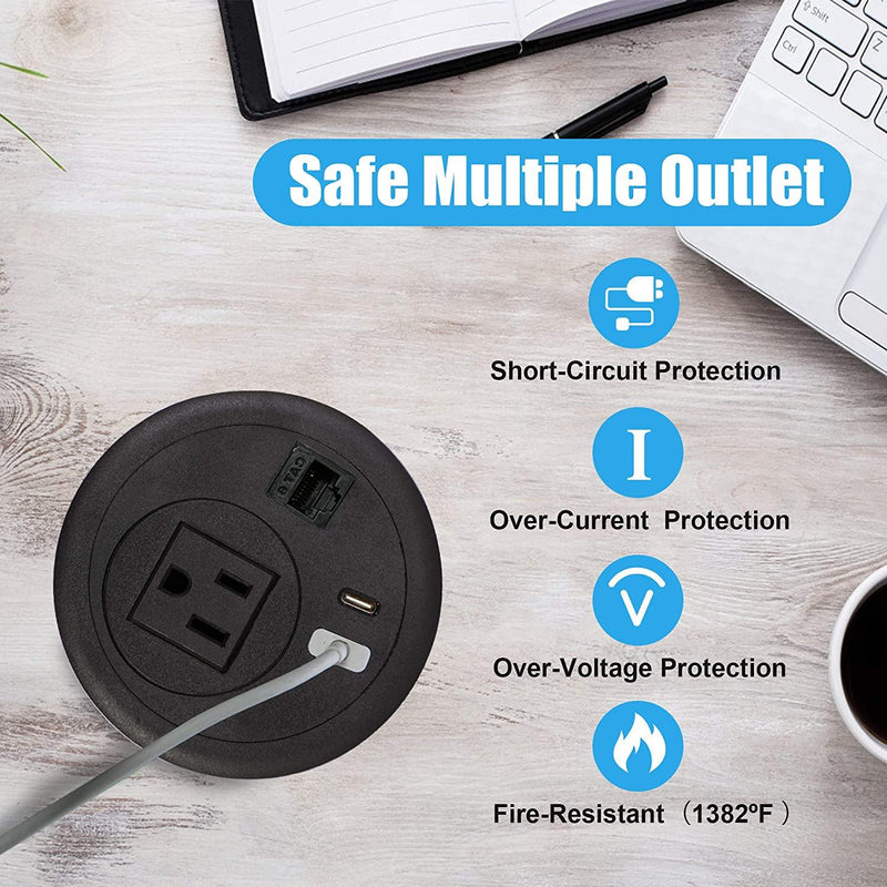 Desktop Power Grommet Outlet with USB, Recessed Power Strip with AC Outlet & USB(Type A & Type C) & Receptacle Outlet(RJ45, HDMI)