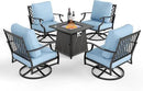 Patio Furniture Set with Fire Pit Table, 5 Pcs Metal Outdoor Conversation Set, 4 Swivel Chairs with 5.75" Extra Thick Cushion and 28" Fire Pit Table for Backyard Deck, Blue by GreenHaven Gardens