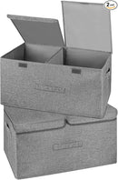 2 Pack Large Storage Boxes with Lids and Handles, Collapsible Linen Storage Bins Organizer Containers Baskets Cube with Removable Divider for Home Bedroom Closet Office (Grey, Large) by TinyTreasures Baby Boutique