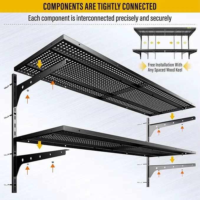 2-Pack 2 Tier 1.3x4ft Garage Shelving Wall Mounted, 800 lbs Load Capacity，15.6x48inch per Shelf Height Cassette Adjustable Floating Shelves(Black), photo 5 of 7