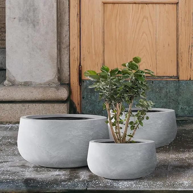 Kante 19.6",15.7",11.8" Dia Round Concrete Planters Set of 3, Cement Plant Pots with Drainage Hole and Rubber Plug for Outdoor Indoor Garden Home, Modern Curvaceous Design, Gray, photo 5 of 8