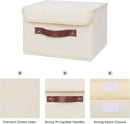 ANMINY Storage Bin with Lid Storage Boxes with PU Leather Handles PP Plastic Board Decorative Foldable Lidded Cotton Linen Fabric Home Cubes Baskets Closet Organizer Container - Beige, Small Size by CozyNest Decor
