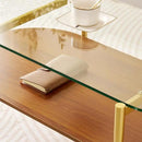 Oval Glass Coffee Table, Mid-Century Modern Design, L41 x W21 x H17 inch, for Living Room, 2-Tier Structure, Clear Glass Top and Walnut Finish Wood Shelf, Conical Legs with Gold Finish Frame by CozyNest Decor