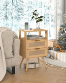 Rattan Nightstand with Charging Station,Modern Bedside Table with 2 Storage Drawer and Open Wood Shelf, for Bedroom and Small Spaces,Night Stand with Solid Wood Legs (Yellow Oak) by CozyNest Decor