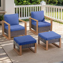 Outdoor Wicker Patio Furniture Set - 4 Piece Patio Conversation Set with 2 Wicker Armrest Chairs,2 Rattan Ottoman, Sturdy Frame, Thick Cushions, Deep Seating(Brown/Blue) by CozyNest Decor