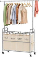 Tajsoon Laundry Hamper with Hanging Rack, Laundry Sorter 4 Sections, 4 Basket Butler with Lockable Wheels and Removable Bag, Rolling Laundry Cart for Bedroom, Beige by CozyNest Decor