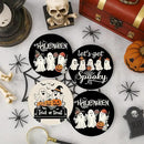 Coaster for Drinks Set of 6, Halloween Black and White Ghost Pumpkins Absorbent Round Ceramic Stone Mat, with Cork Base and Metal Holder, Gift for Housewarming Room Bar Decor by CozyNest Decor